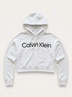 Calvin Klein White Cropped Logo Hoodie Drawstring Small NWT